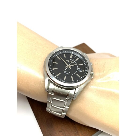 Seiko Men's Watch SKA523 Kinetic Black Dial Date Silver Stainless Steel 40mm - Picture 6 of 14